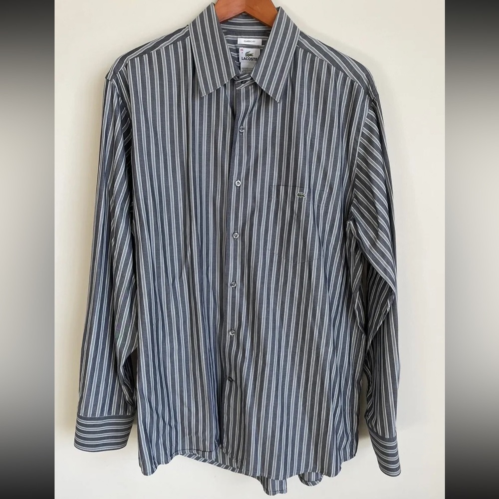 Lacoste Classic Fit Long Sleeve Button Up Shirt Men’s Size 45 Striped Embroidery